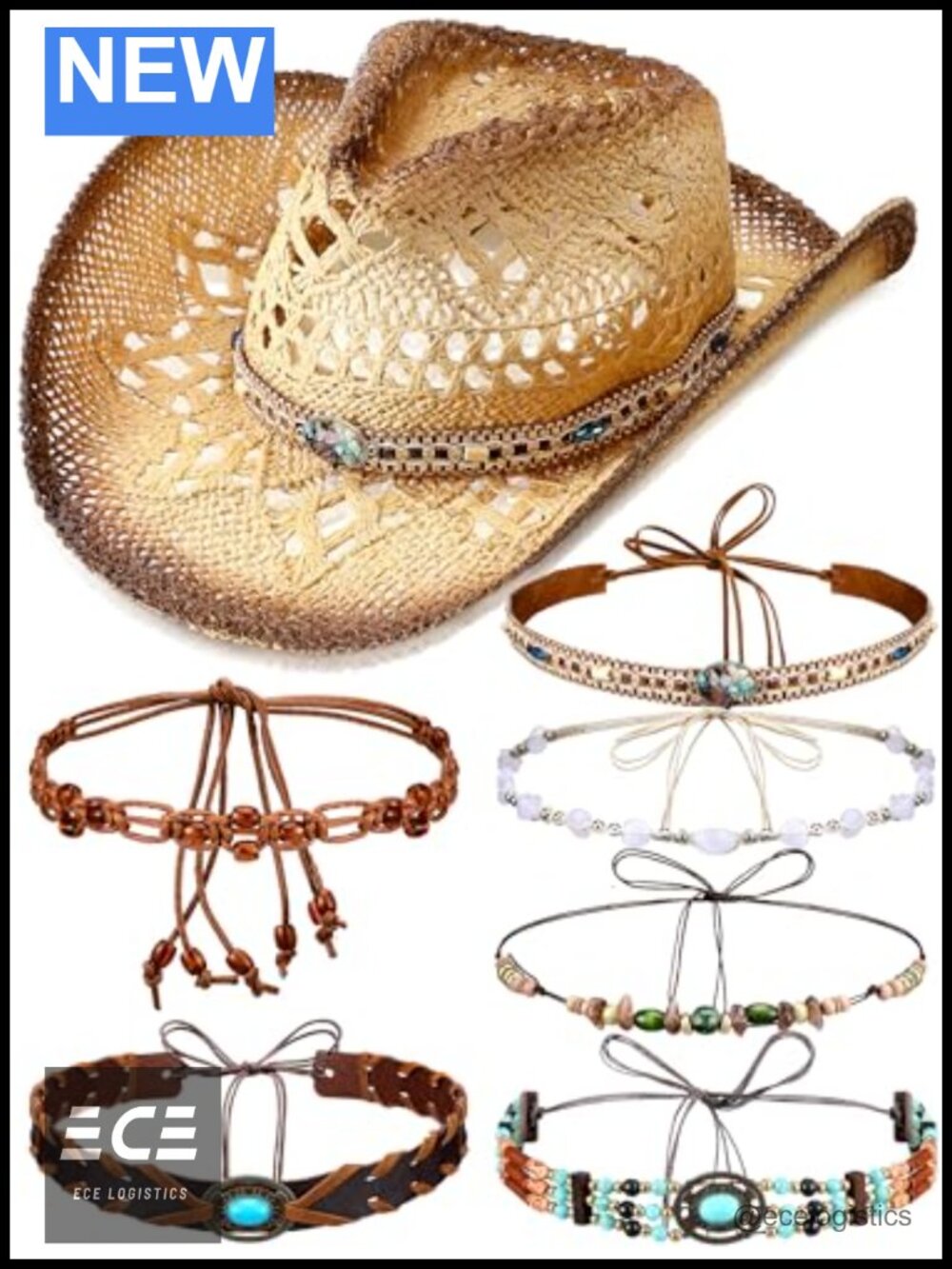 Straw Cowgirl Hat Set Interchangeable Bands Western Beach